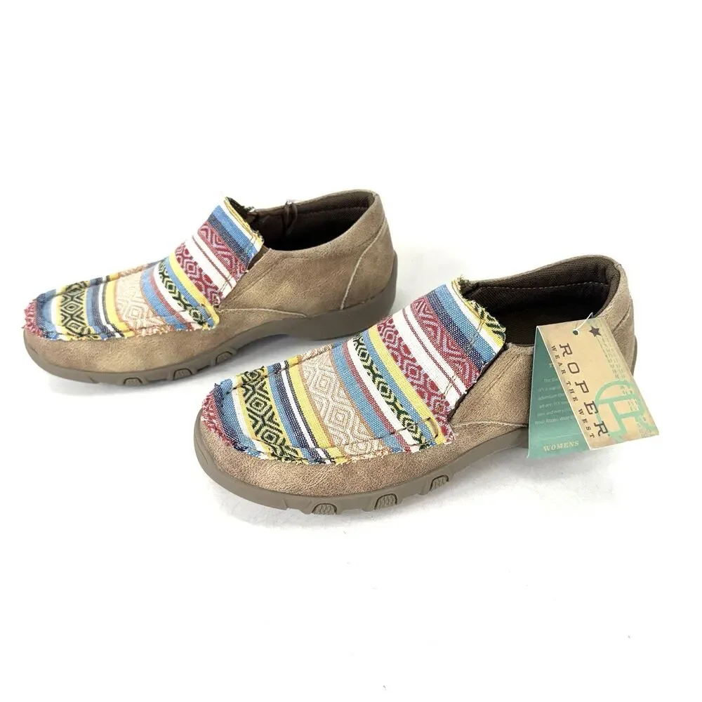 Roper Womens Beige Multi Fabric Johnnie Slip-On Shoes Size 6 Striped Geometric
